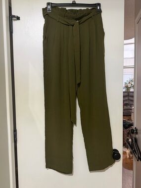 Kori Olive Green Paperbag Waist Trousers with Tie Belt